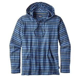 Patagonia Men’s Steersman Hoody Shirt Blue Stripes Pullover Outdoor Size Small